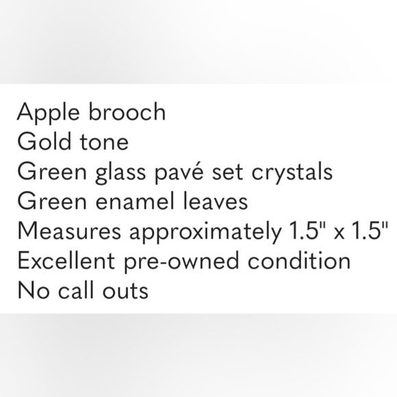 Apple Brooch with Green Glass Pavé Set  Crystals & Enameled Leaves 1.5" X 1.5" - Picture 3 of 3